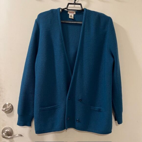 VTG Rodier Teal Blue Wool Blend LS Padded Button Cardigan Sweater Size Large - Picture 3 of 11